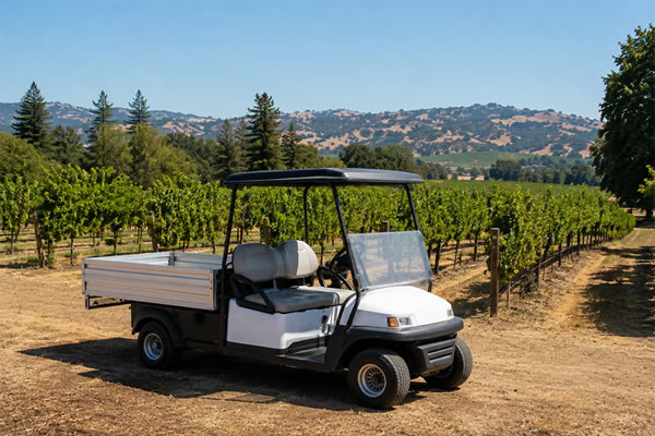 Utility golf car with a flatbed cargo bed parked on a working California winery property.