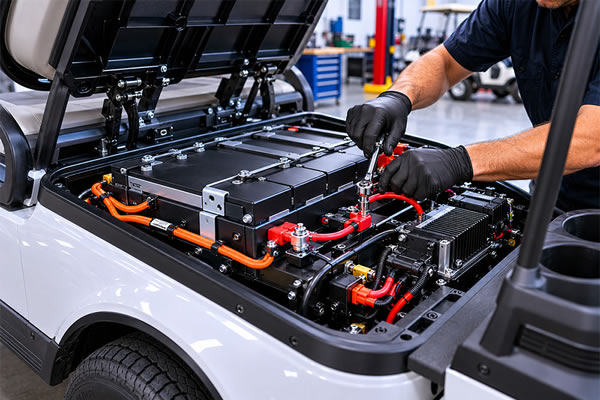 A golf car battery compartment open and being serviced by a technician's hands in a clean, well-lit automotive service shop.