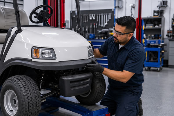 A golf car mechanic inspecting a golf car in a professional automotive service shop.