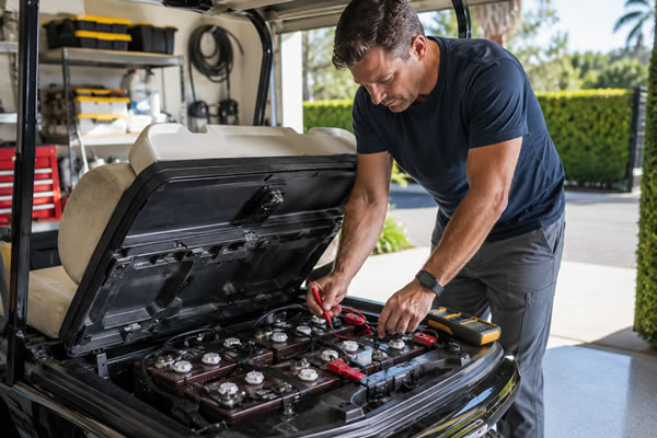 A man performing routine maintenance on a golf car in a bright, clean residential garage.