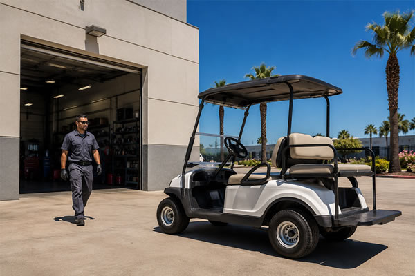 A golf car parked outside a service shop on a visibly hot California summer day.