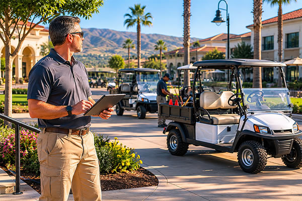 A facilities manager or property operations professional standing on a large commercial property, looking out over the grounds with a tablet or clipboard in hand.