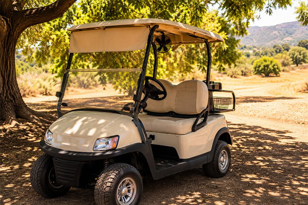 A golf car equipped with a sun visor, overhead fan, and light-colored breathable seat covers, parked in dappled shade beneath a large tree on a hot California summer day.