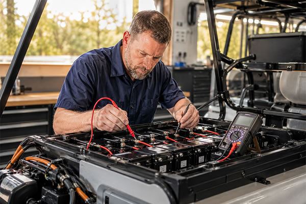 A golf car battery pack being carefully inspected and tested by a service technician in a clean, professional automotive shop.