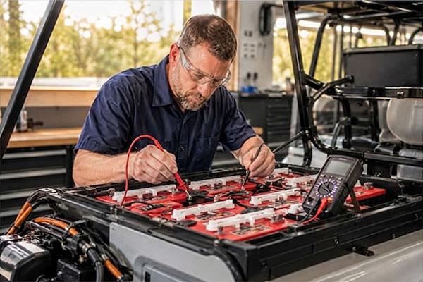 A golf car battery pack being carefully inspected and tested by a service technician in a clean, professional automotive shop.