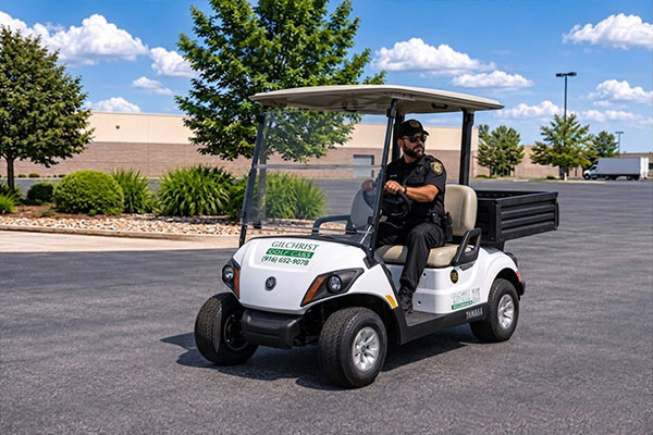 Security guard patrolling parking lot in golf car